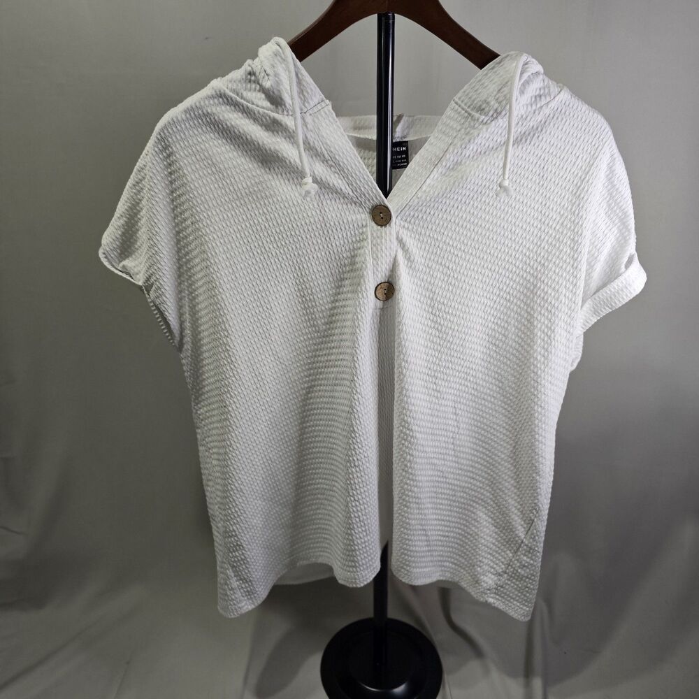 Shein Women's Henley Sz Large Top White Hoodie Pullover With Wood Buttons